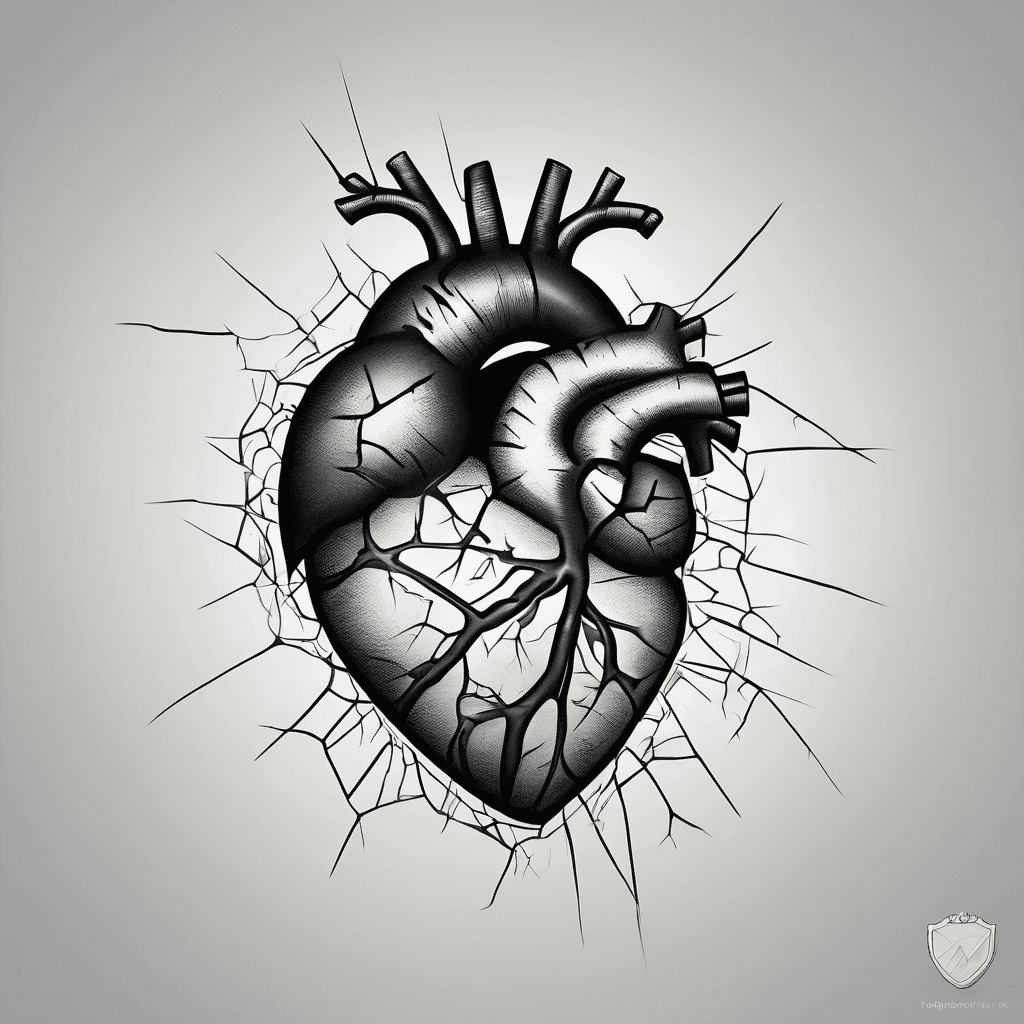 a heart that has cracks and is stitched up in the middle with one of the broken pieces fallen off