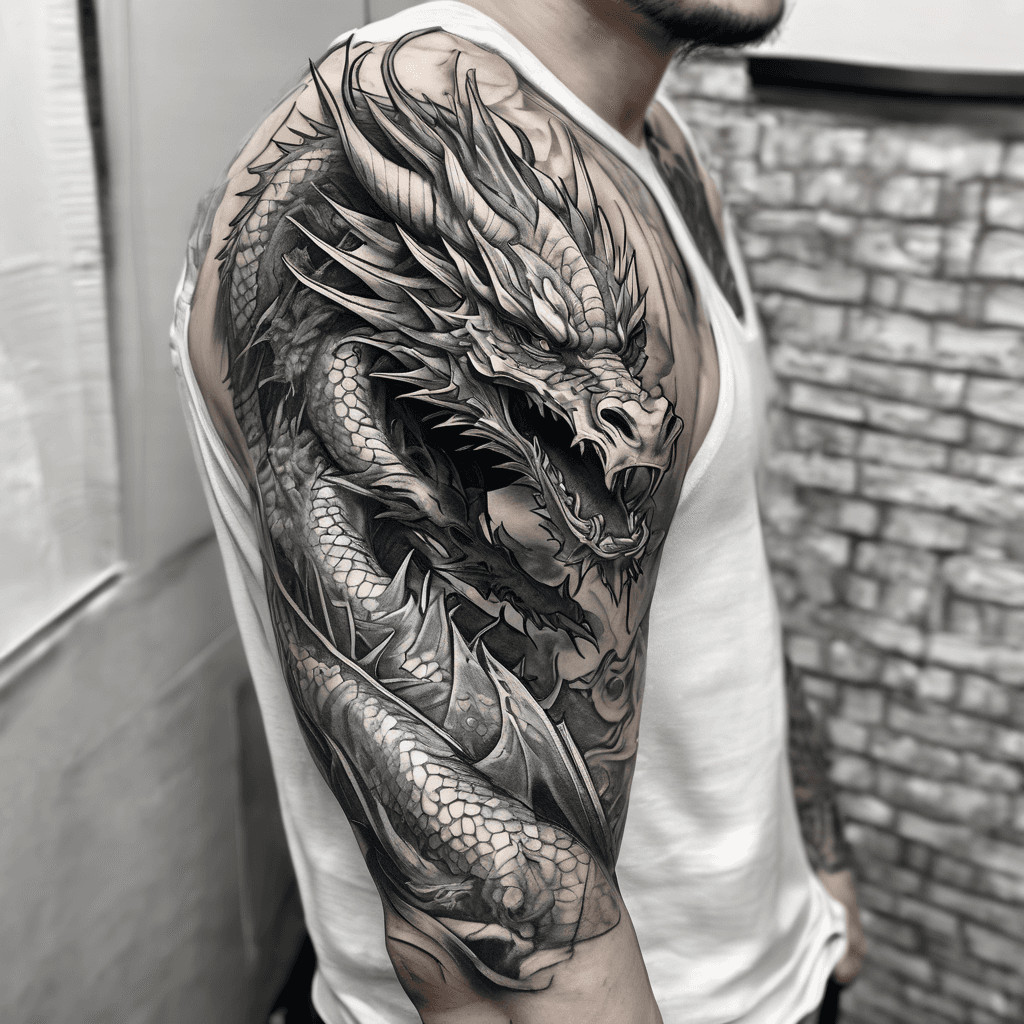 dragon sumari soldier holding sord through dragons head tattoo arm sleeve and chest black white realism