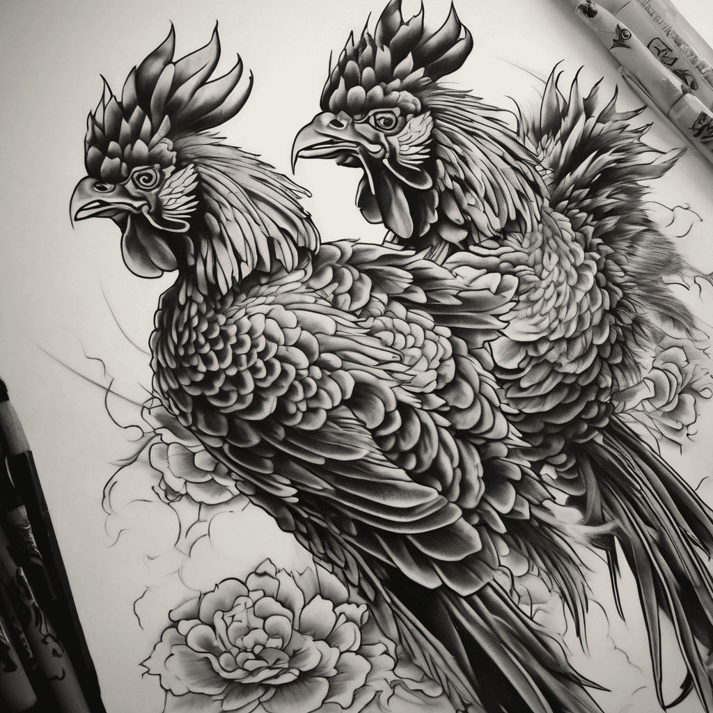 Japanese Style suit of two fighting roostersin battle with feathers and wind bars as filler and mostly black and grey but realistic colors on the roosters