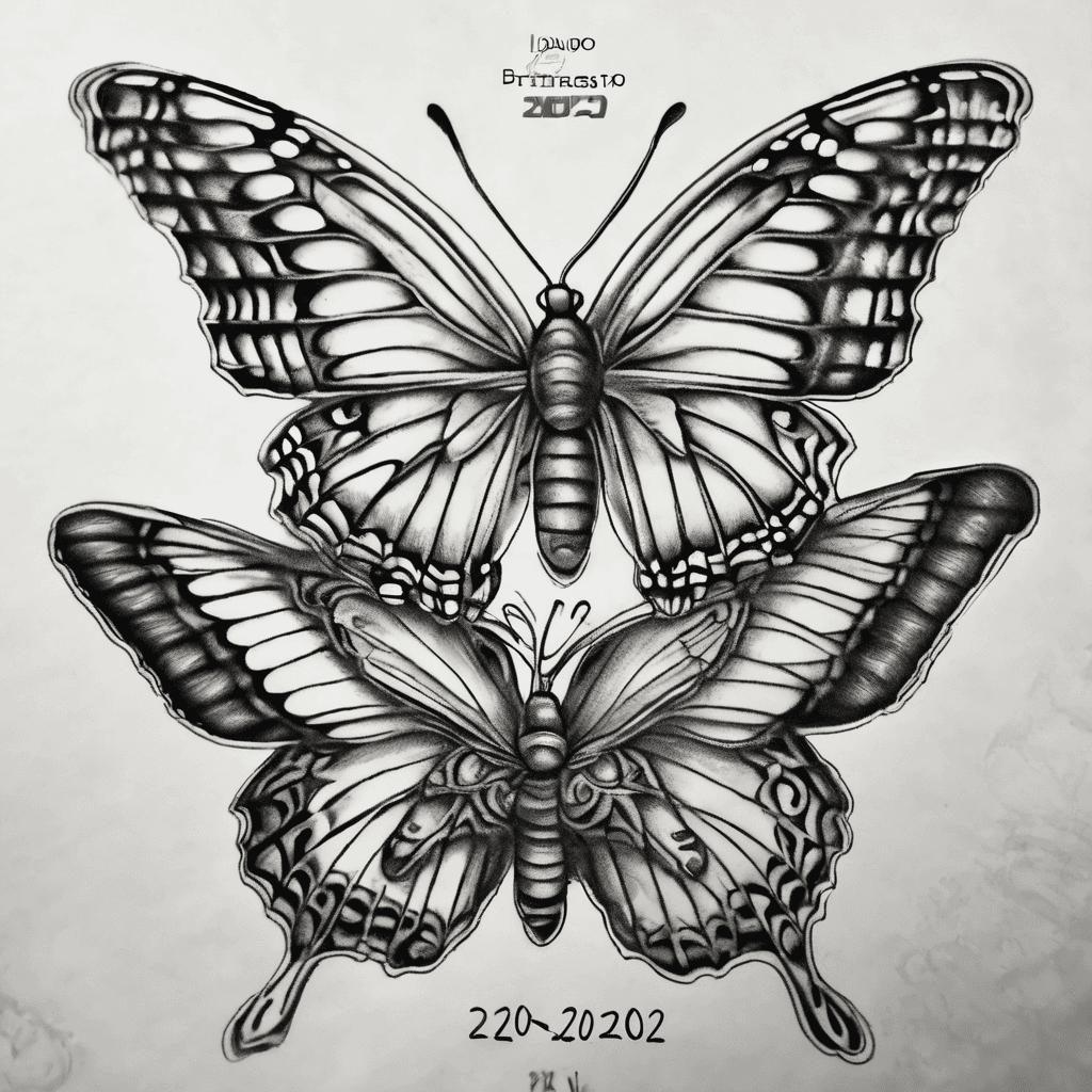four butterflies. they come to my arm in order from largest to smallest. the largest butterfly has the year number 2010 inside its wing, the next butterfly has the year number 2020 inside its wing, the next butterfly has the year number 2022 inside its wing, and the next butterfly has the year number 2025 inside its wing.