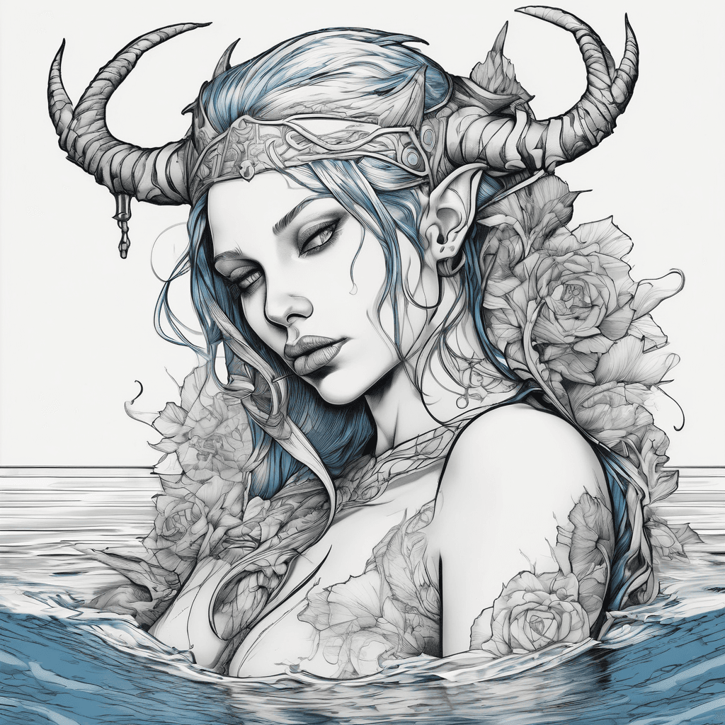 Sexy blue aqua elf with demon horns laying on the waters edge resting her head on the shore.