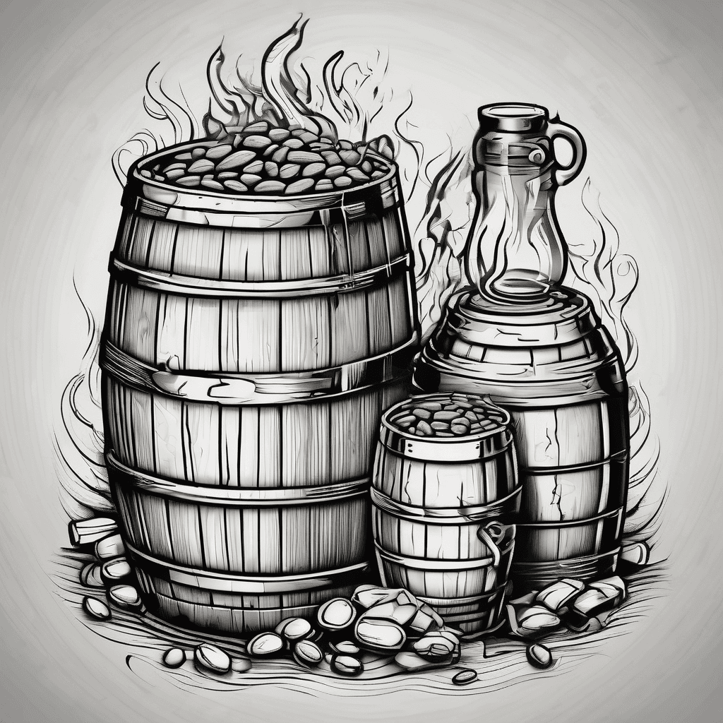 whiskey barrel and a pot of beans over a campfire