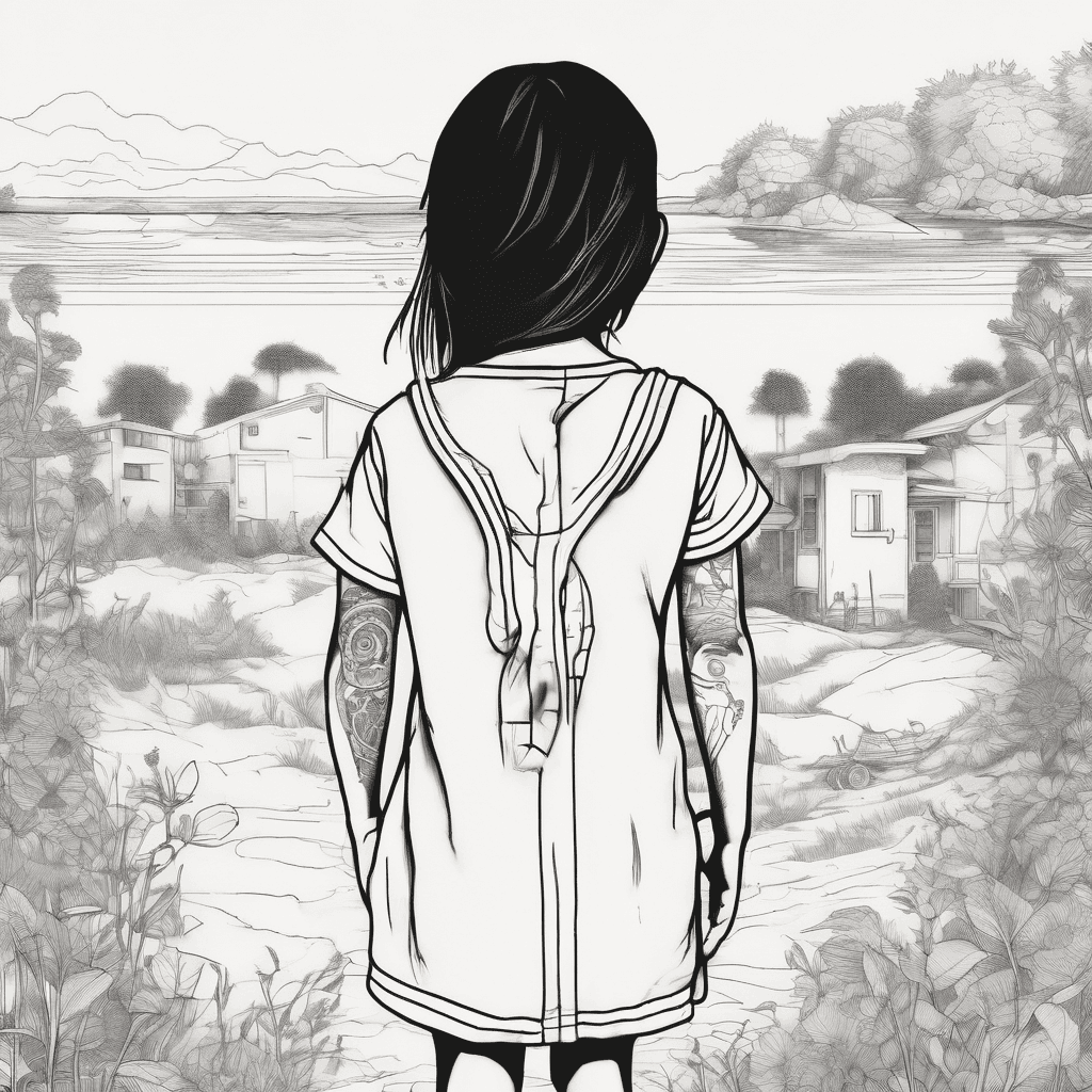 Minimalist linework tattoo, symbolic illustration. A small child in the foreground, seen from behind, standing alone. In the background, at a distance, two older siblings watching over her, protective and calm. Only outer silhouettes, no facial features, no details. Clean thin lines, essential shapes, negative space. Emotional, protective bond, timeless. Black ink only, fine line, minimal tattoo style.