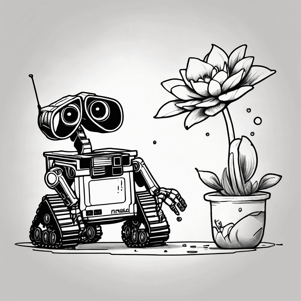 A minimalist silhouette of Wall-E and Eve watering a tiny succulent. With the quote “auntie and neice by fate, best friends by choice”