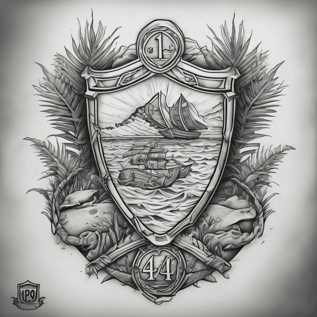 Norse tattoo. Shield designed to resemble a police shield, featuring the number 142 for the badge number. Inside the shield is an ocean leading to a beach that has two criss-crossed palm trees and in front of that is a grass field with Cheeze it's and Goldfish crackers