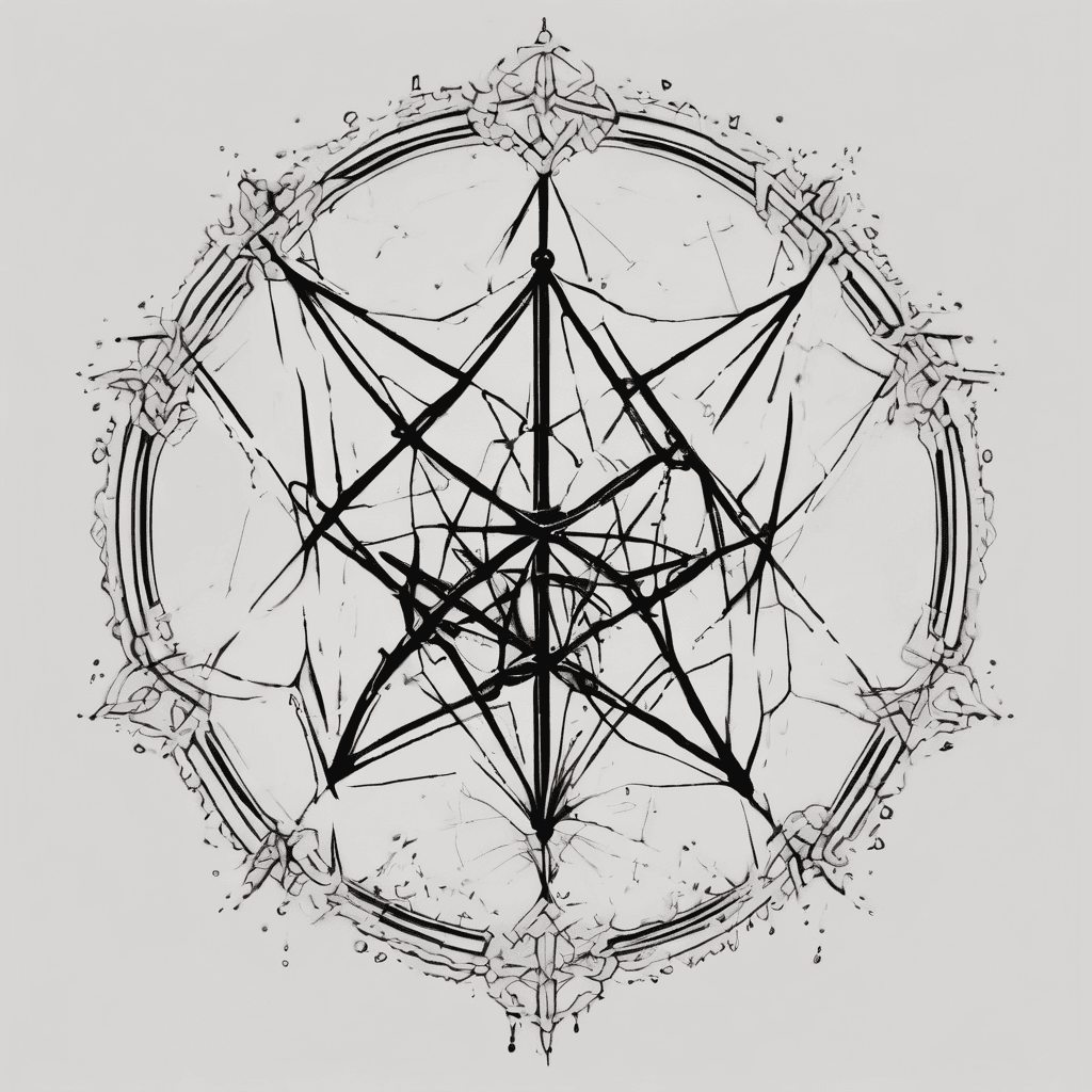 Blackwork tattoo design fusing Bring Me The Horizon Sempiternal unicursal hexagram logo with That's the Spirit umbrella symbol. Elongated pointed gothic hexagram as outer symmetrical frame with sharp dripping ink tendrils. Open umbrella centered exactly, clean minimal lines, vertical handle aligned. Rain drops from umbrella edges transform into thick dripping trails from hexagram points. Pure black ink only, high contrast, intricate linework, no color, dark aggressive balanced composition, tattoo stencil style, high detail, symmetrical.