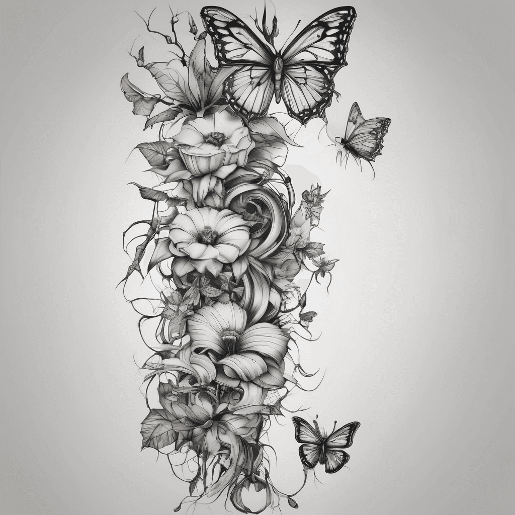 A spine tattoo with butterflies and flowers but looks a bit scary/creepy