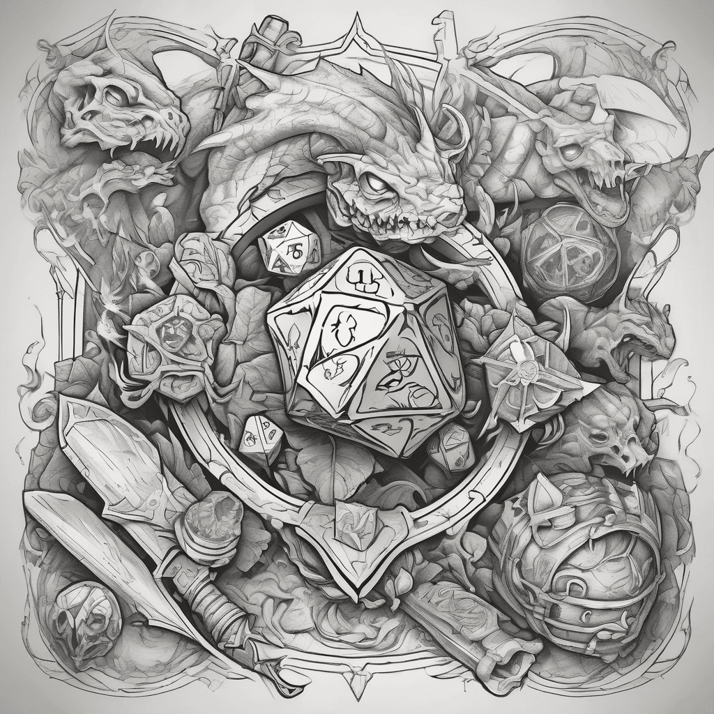 Dungeons and dragons theme that includes dice and weapons and items of D&D