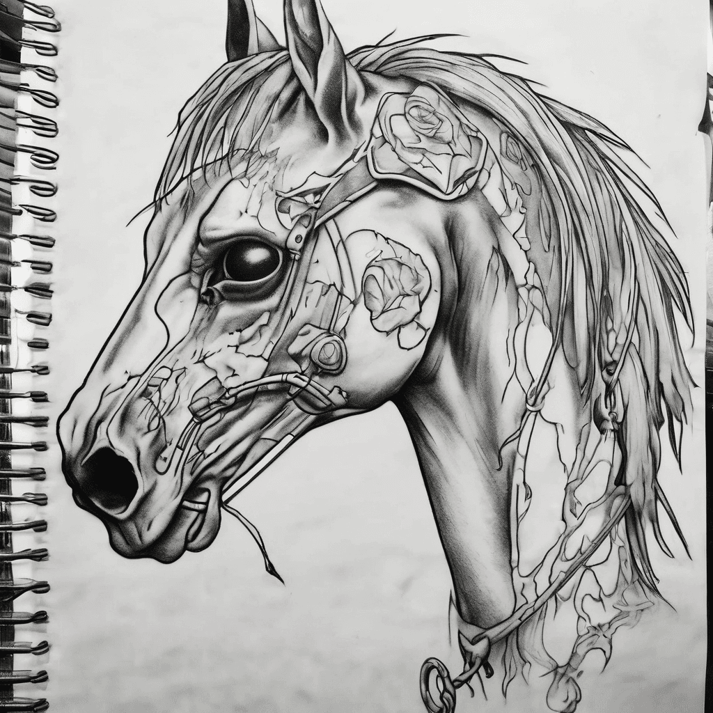 please make a sketch put together with a portrait of spirit stallion of the cimarron, a skull, courage the cowardly dog, hospital, overthinking, books, scented candles and truecrime interest. make it look like a tattoo sketch