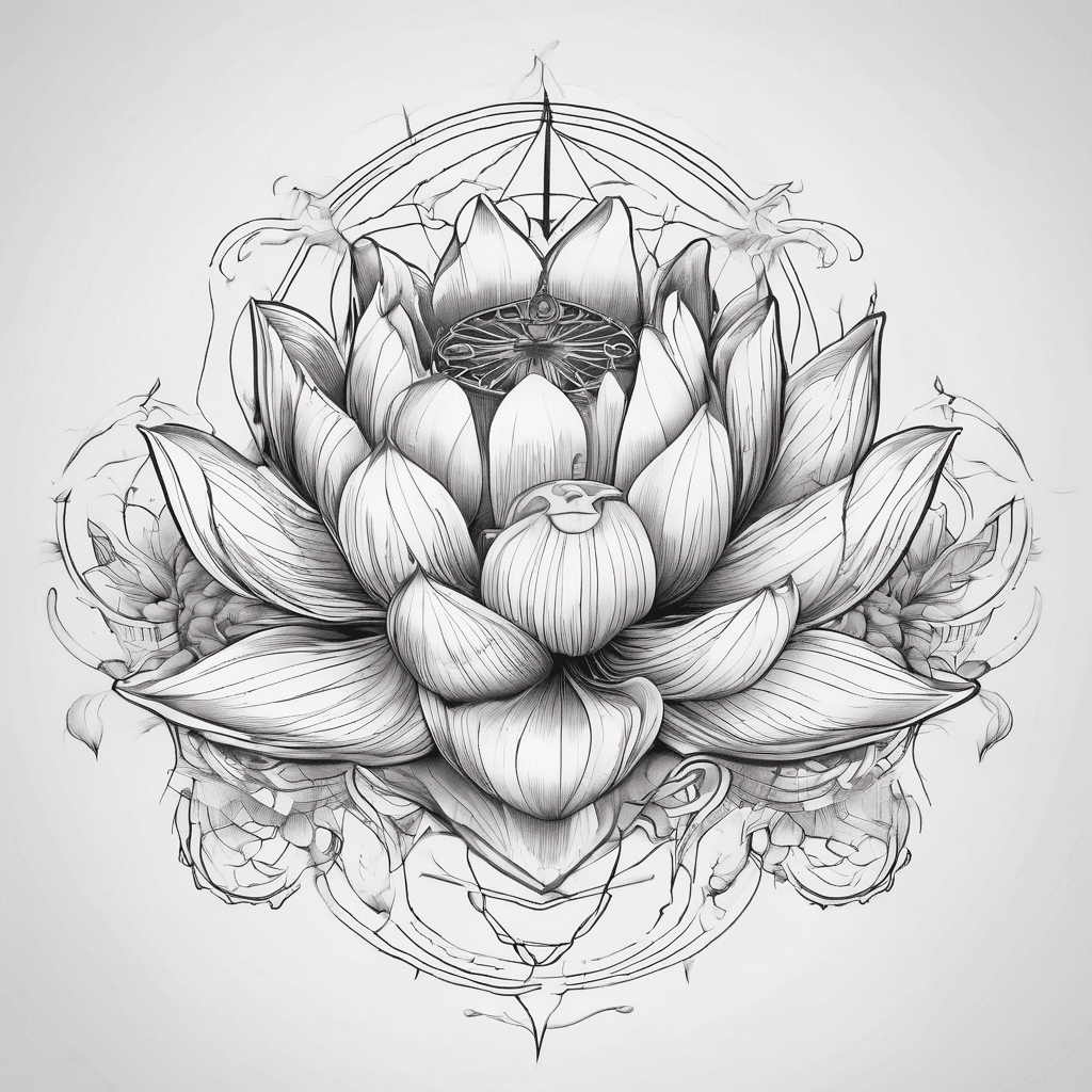 Minimalist flowing fine line drawing of lotus flower, hummingbird and compass