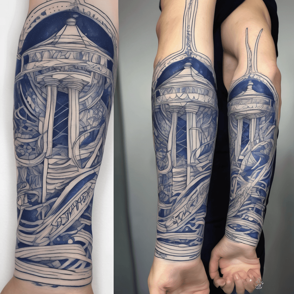 tattoo around the arm 5 dark blue STREIGHT lines with names in white CAMILA ARIE SOPHIA FERNANDA JENNY ON THE widen LINES that all the way around arm
