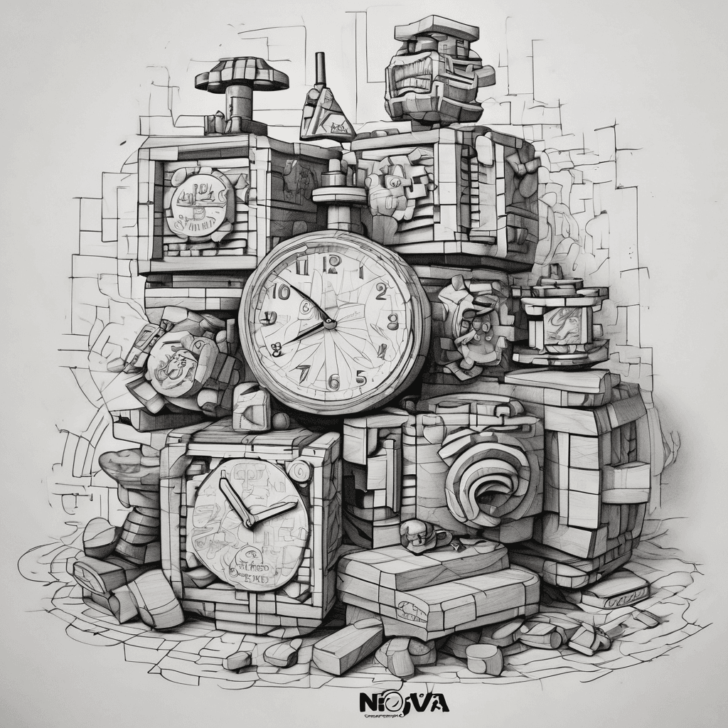Children's wooden Lego blocks stacked on top of each other with Nova written down the side and a clock next to it reading 7 am as well as a tag on the bottom reading 6 pounds 8 ounces