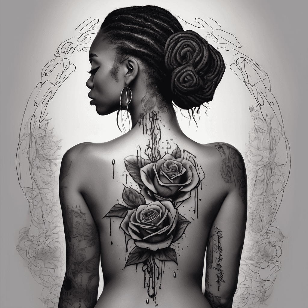A vertical spine tattoo design on a woman with deep dark skin, seen from the full back. TOP: A realistic dark purple rose with dew drops, placed between the shoulder blades. MIDDLE: The stem is a thin, elegant cursive script that clearly reads 'The Rose That Grew From Concrete'. BELOW THE TEXT: The script transitions into a black Unalome Buddhist symbol (a spiral with a straight line and dots). BOTTOM: The Unalome turns into fine, organic tree roots at the base of the spine. High-contrast, fine-line tattoo style."