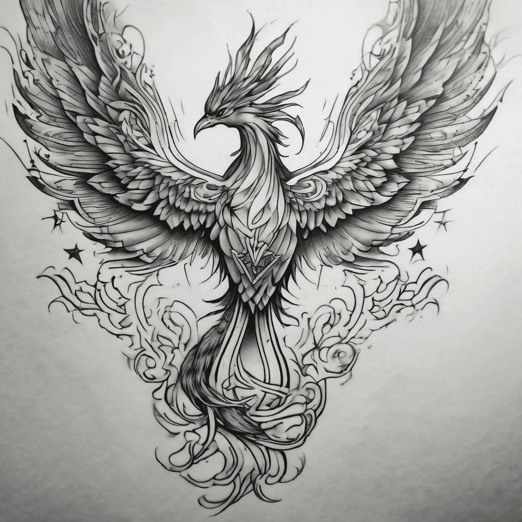 Phoenix with lotus at bottom and 3 stars at top to go in a line with dotwork joining to go at top of spine for a woman