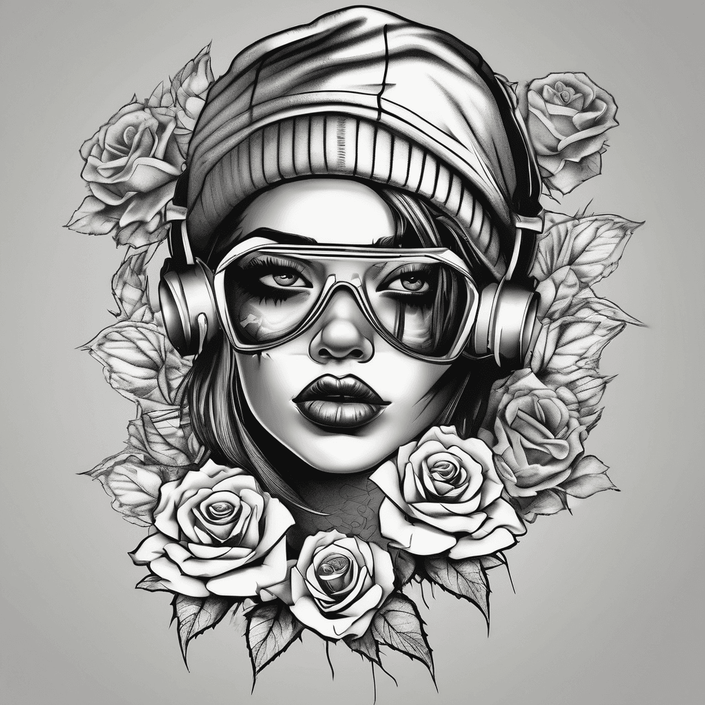 Gangsta style girl wearing a ski mask with roses around her and money