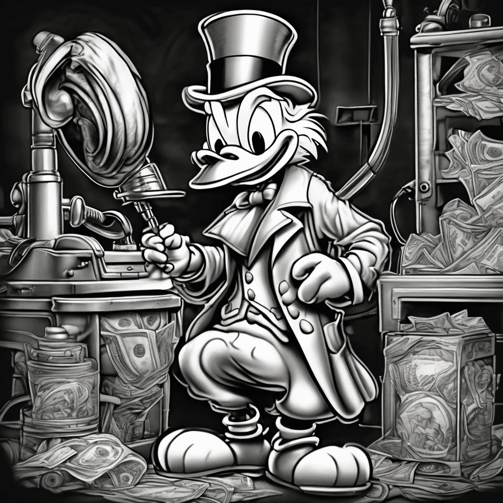 Create an image of Scrooge McDuck with a bag of money near his feet and holding a singing microphone on one hand and a barber hair cutting machine on another