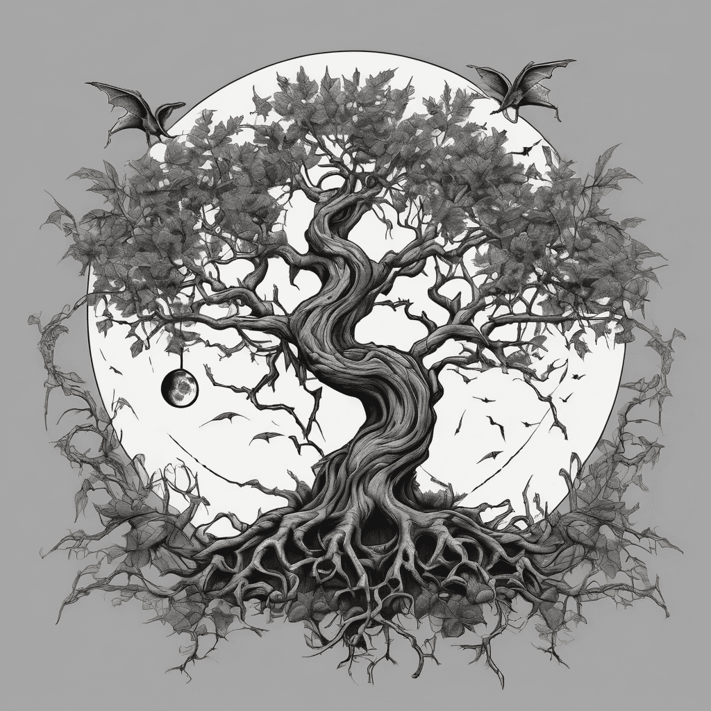 a poison tree with a moon behing it with bats