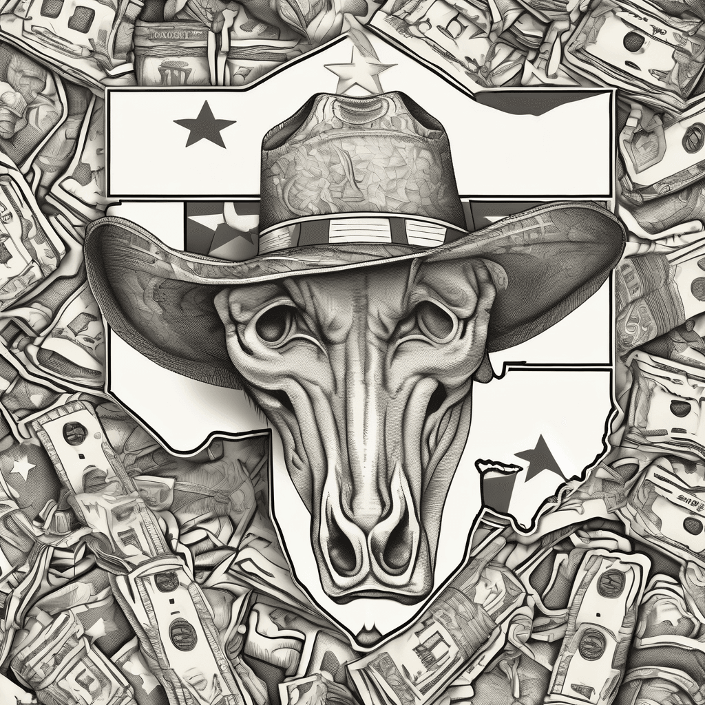 shape of Texas, surrounded by bags of money, Lubbock marked correctly in old english