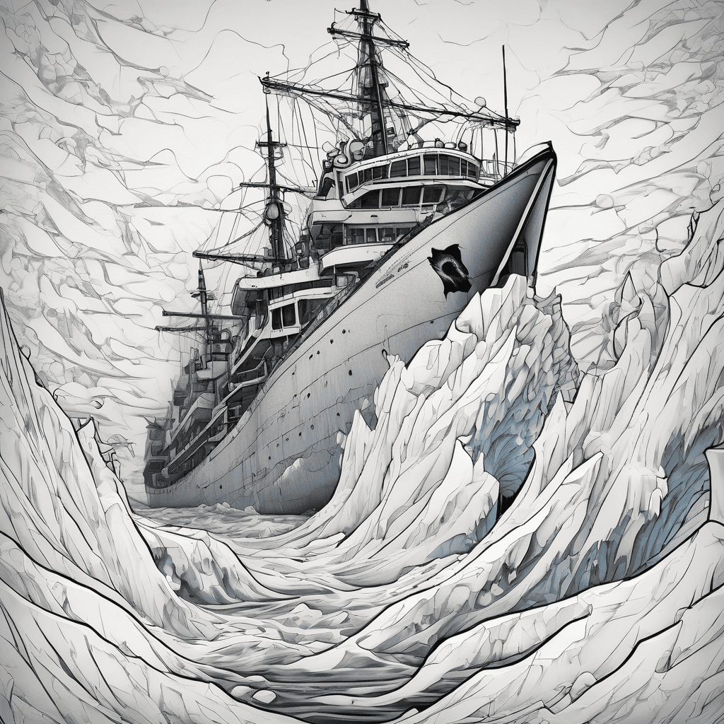 Birds Eye, top down view of a ship hull breaking through pack ice in the Antarctic