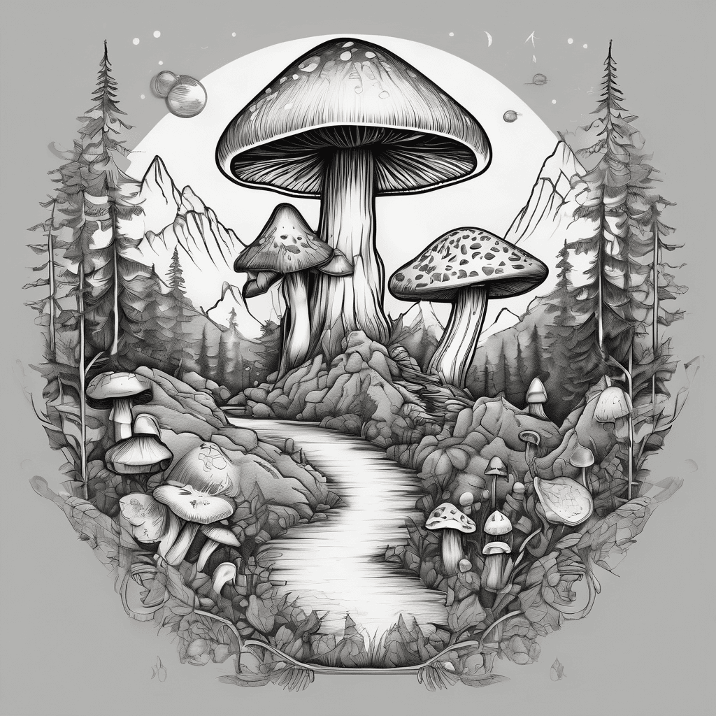 Whimsical fairy, mushrooms, firefly, mountains, trees