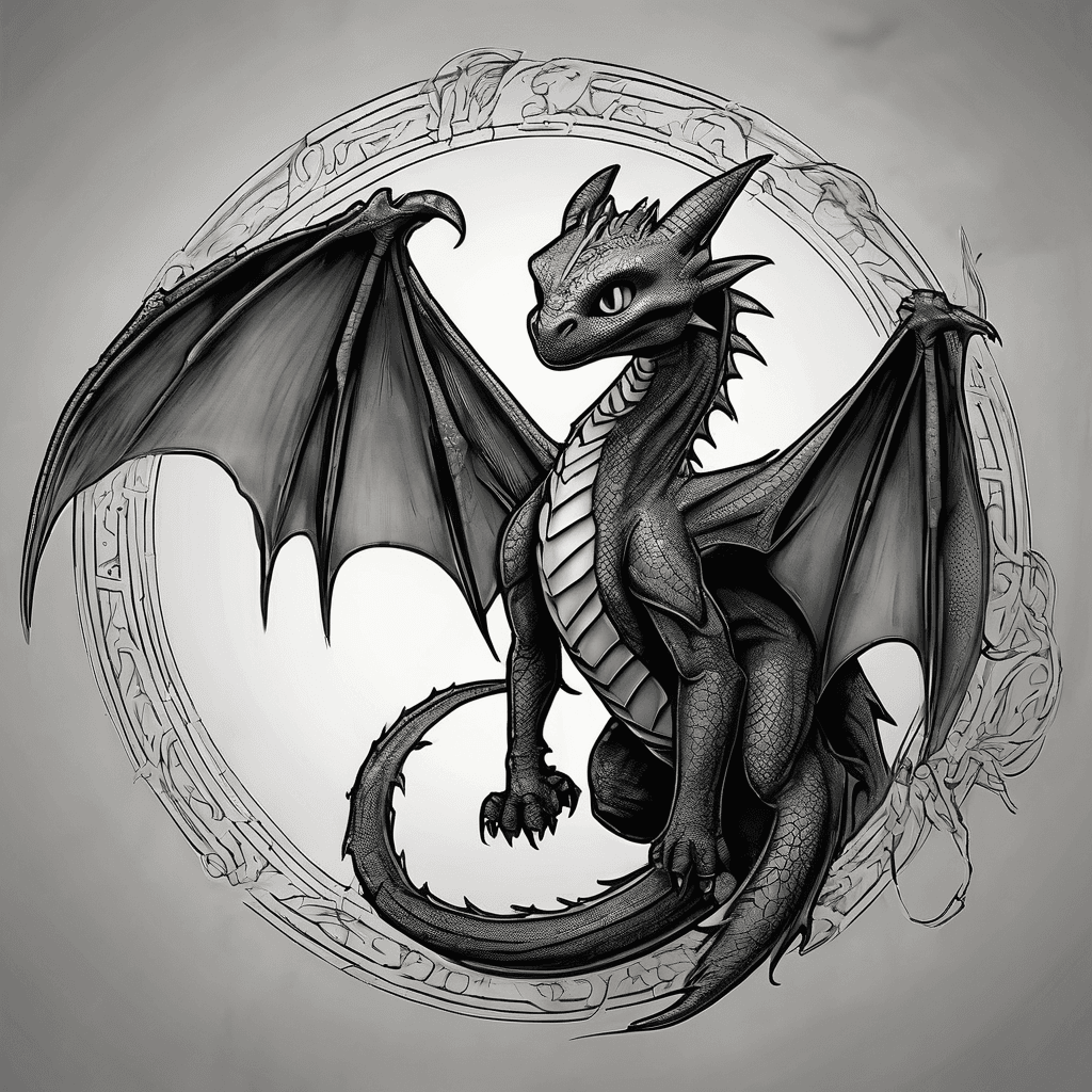 Professional black and gray tattoo design combining: a Night Fury dragon (Toothless from How to Train Your Dragon), the One Ring with elvish inscription forming a circle, narsil the king btoken sword, a blue lightsaber crossing through, intricate linework, high detail, tattoo stencil style
