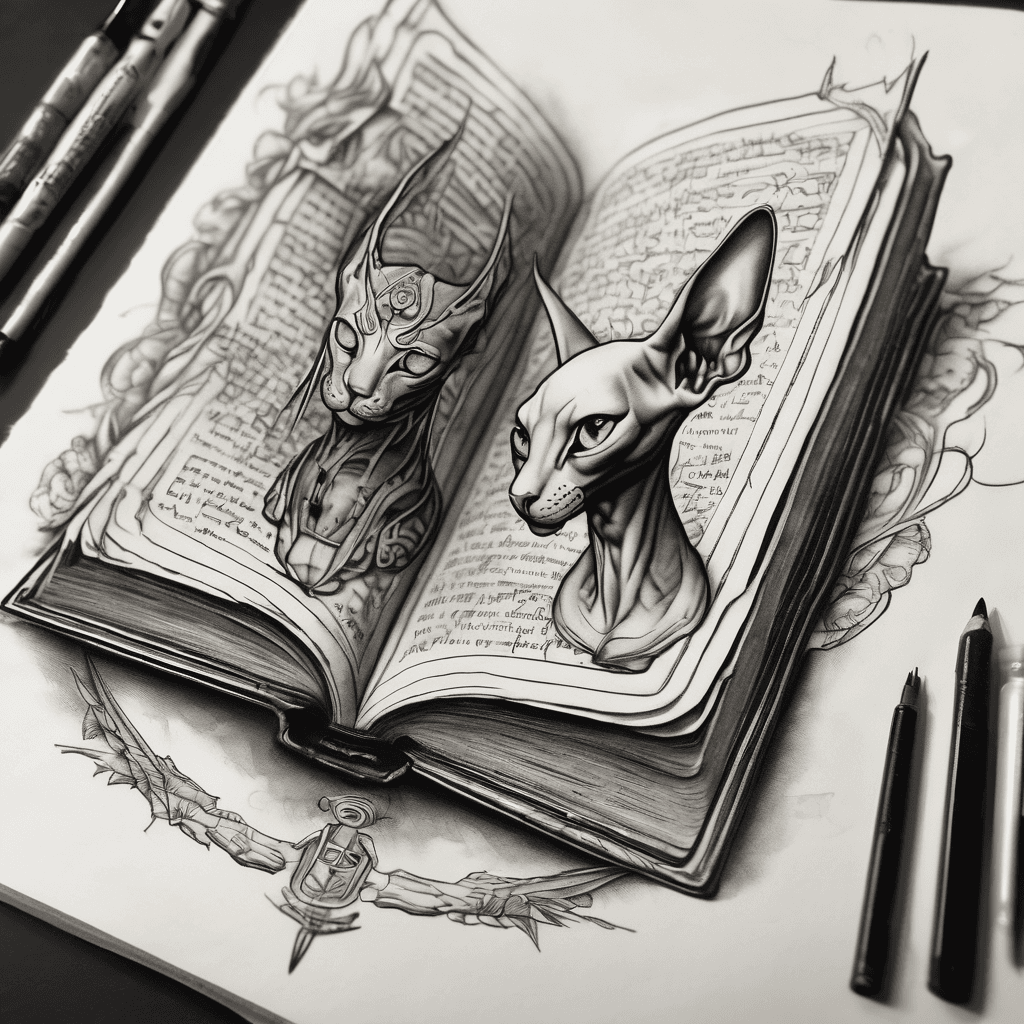 Old open book lying flat. A sword pierces through the pages vertically. On the left page sits a hairless Sphynx cat with a third eye. On the right page sits a Sphynx with an Anubis head. Both have blind white eyes. Sketch style, dark shading