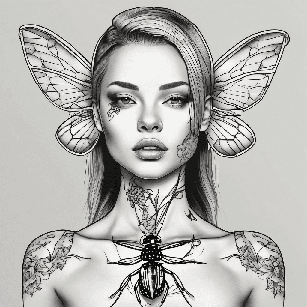 women’s tattoo neck to shoulder with dragon fly and lady bug
