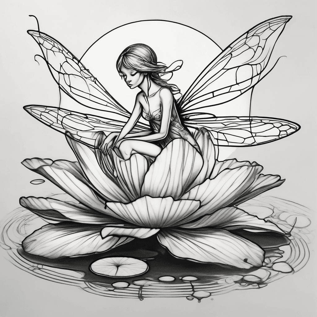 Tiny fairy riding an iridescent dragonfly, both perched on a dew-kissed lily pad drifting on moonlit water.