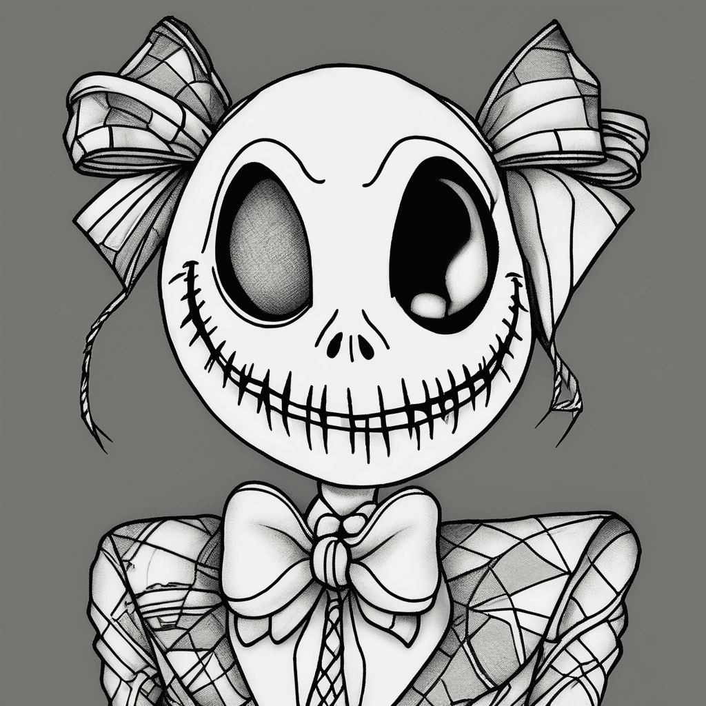 a black-and-gray Nightmare Before Christmas tattoo on a clean white background, with two distinct bows— • 🎀 one bow filled with Sally’s patchwork stitching and fabric patterns • 🎀 the second bow filled with Jack Skellington’s suit striping