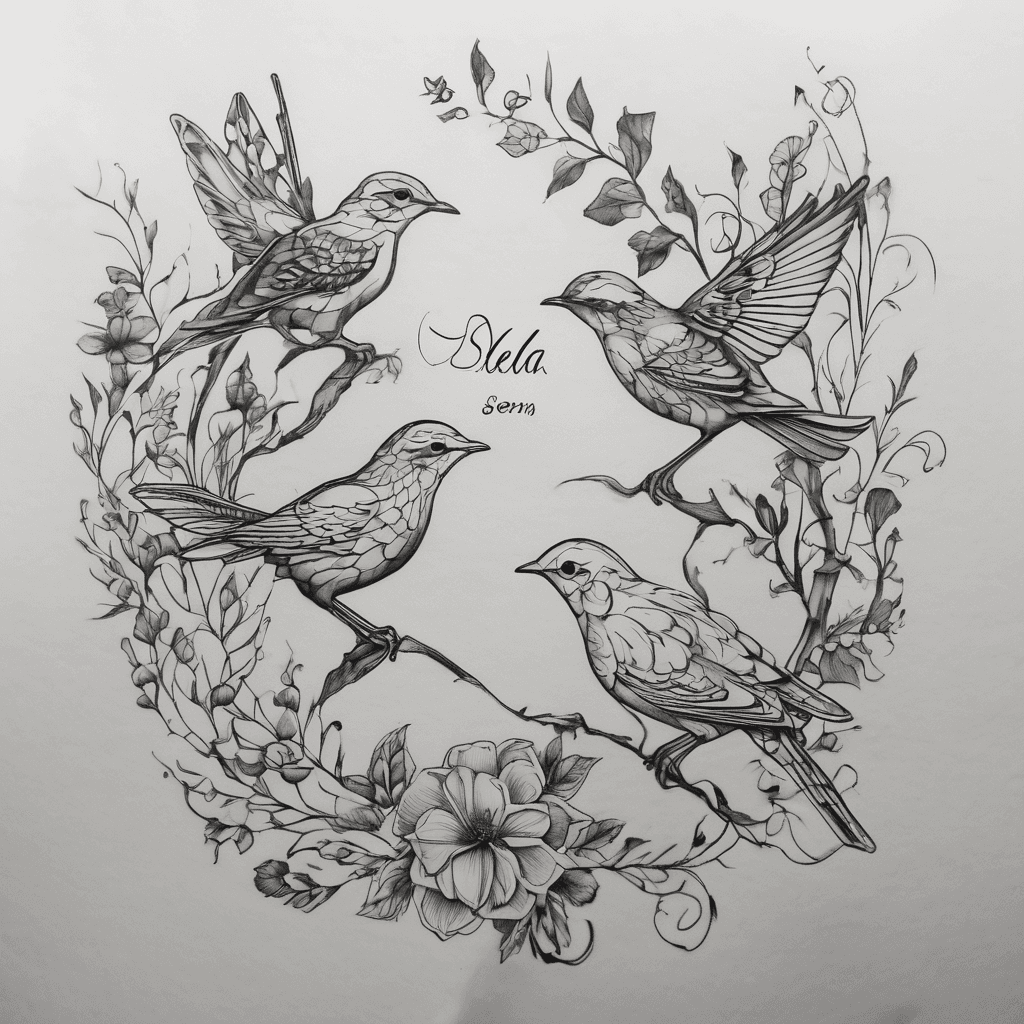 names here, Wren, River, Seren, and Ayla. They are my unborn children. I want a design for my left wrist, some vines combined with flowers and 4 doves