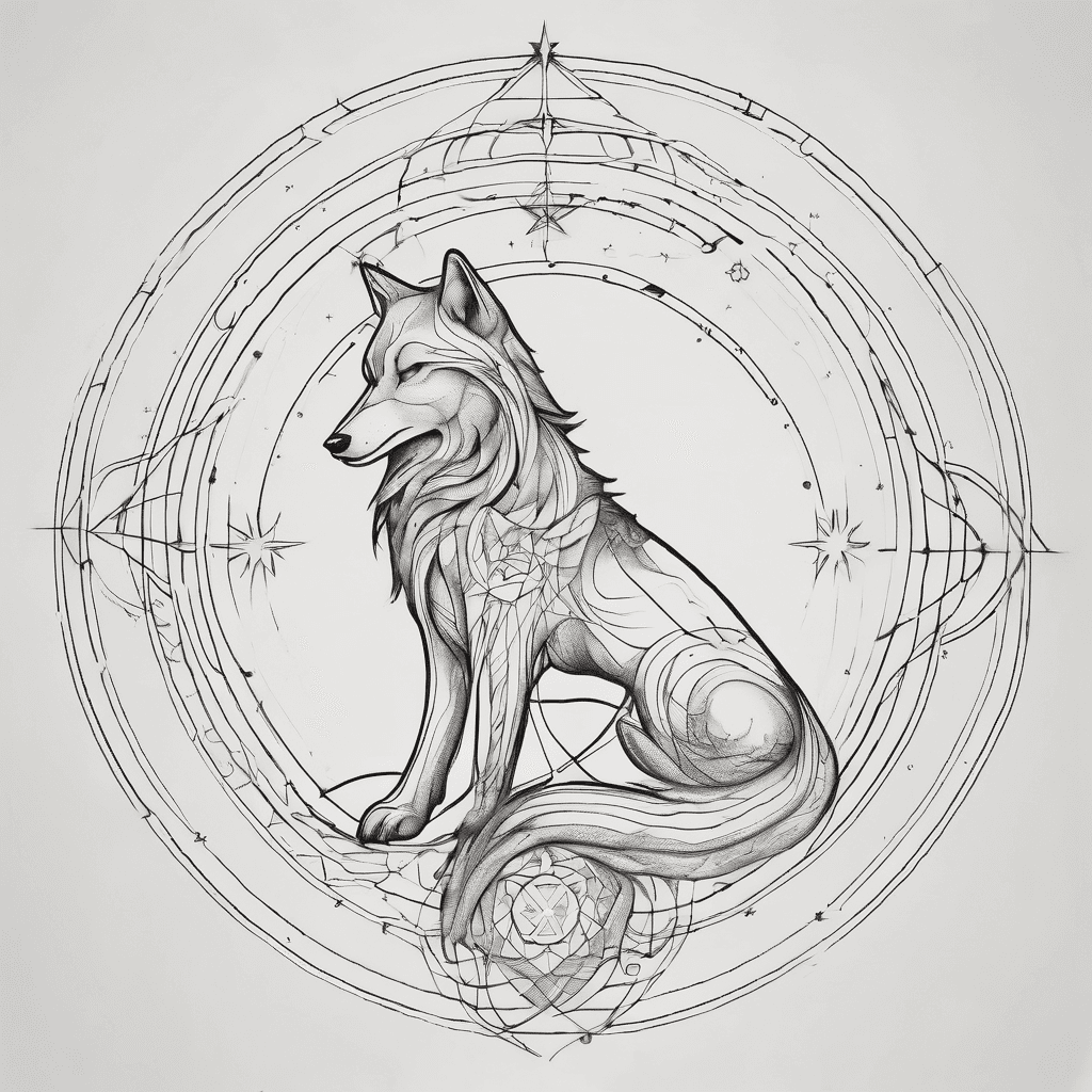 Minimalist fine-line tattoo design, black ink only, sacred geometry style. A subtle Virgo constellation forming the outline of a howling wolf, elegant and delicate line work. A thin rising kundalini serpent spirals gently up the center, forming a soft infinity loop at the heart space. Small radiant star accents around the design, symbolizing star love and cosmic connection. Clean, airy composition with lots of negative space, spiritual, mystical, old soul energy, modern minimalist tattoo flash sheet style, thin precise lines, no shading, no color, high detail, centered composition, white background.
