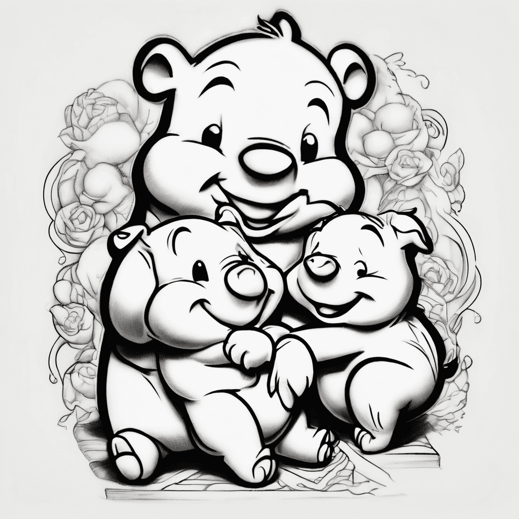 can u make me a tattoo picture in black ink that has Winnie the poo hugging eore and piglet but piglet is also grabbing eore