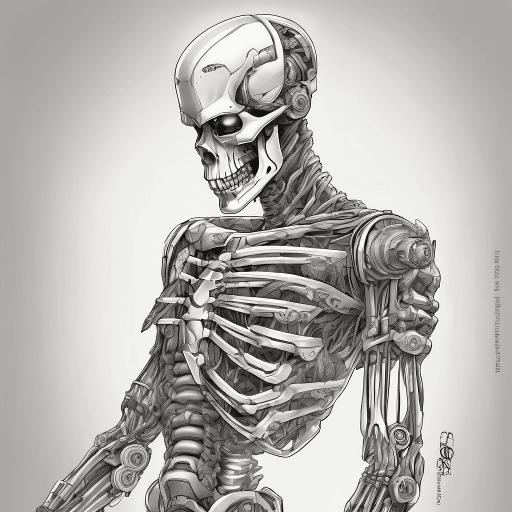 Ripped human arm showing a sleek white NS-5 robot skeleton, inspired by I, Robot (2004), precise mechanical parts, clean ink lines, high detail, artistic representation.