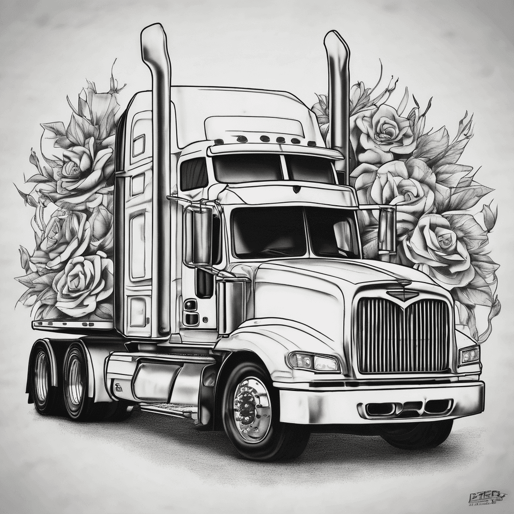 Make a tattoo of a Peter built 389 semi truck with a feeder trailer hooked up to it with some flowers in the back ground with the dates 1983-03-18 2020-05-15