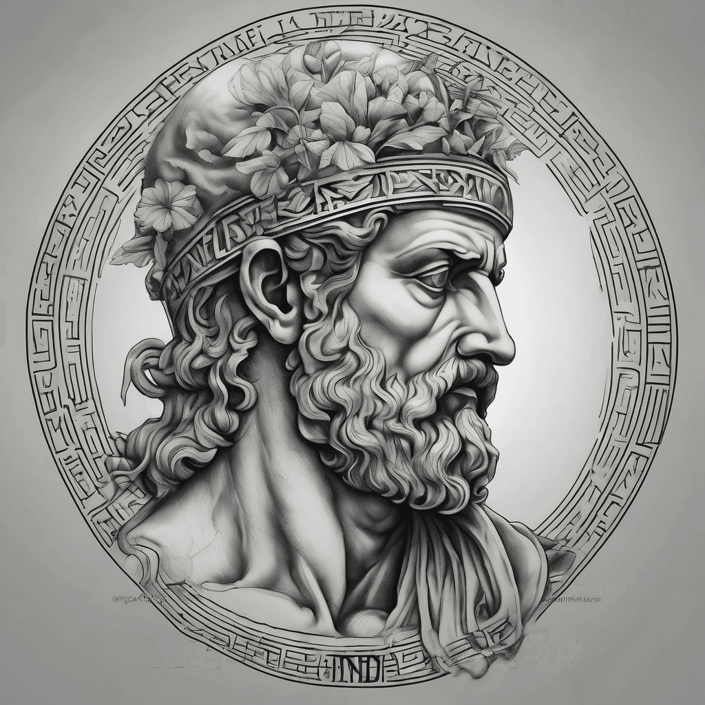 Philosophical concept of wisdom, just and beauty. Head of a Greek sculpture on the shoulder and other wisdom symbols with the sentence - Emancipate yourself from mental slavery, none but ourselves can free our mind