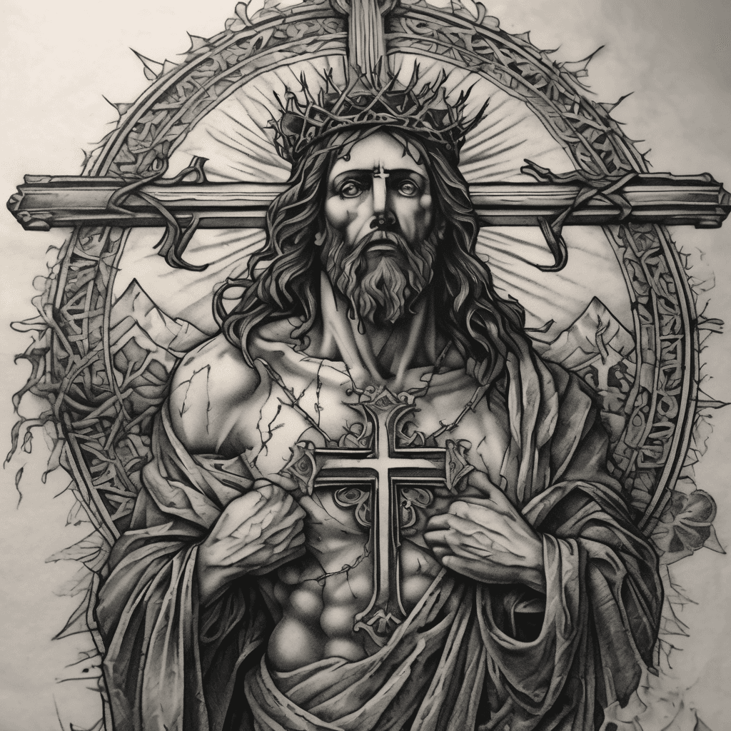 (Very detailed)(black ink only) A 3 crosses the middle one rooting into Christ/ faith and and ad a thorn crown in the background, the stone rolled away, three days later