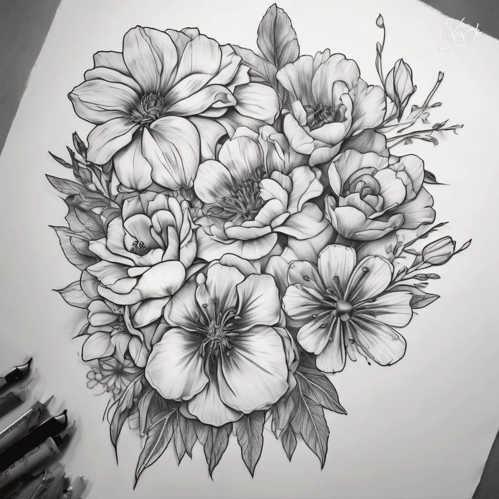 February, March, April, June, July, September, November, December birth flower fine line tattoo In a bouquet on the ribs/ hip area