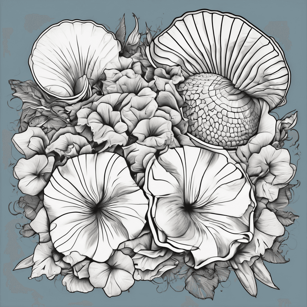 Sea shells, petunias, sea gulls and water