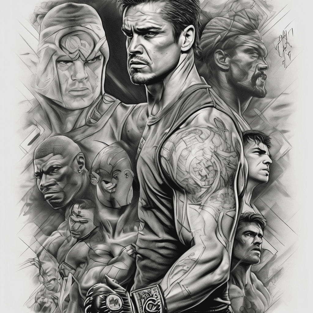 Create an image combine these inspirational movies into a tattoo for a full arm; cinderella man, rudy, rocky, warrior, 300 and The Greatest Game Ever Played. Focus on details based on famous scenes and quotes.