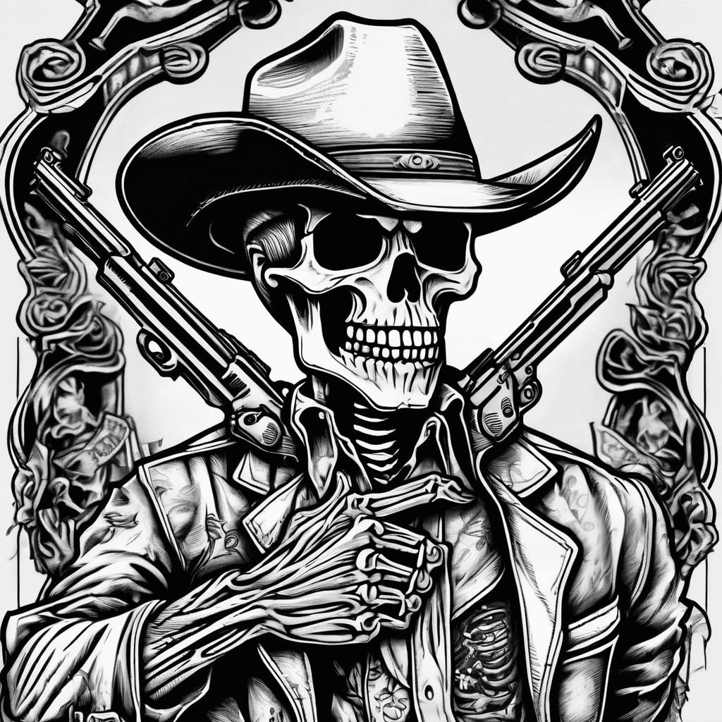 Cowboy skeleton holding a pistol with a wanted poster behind it