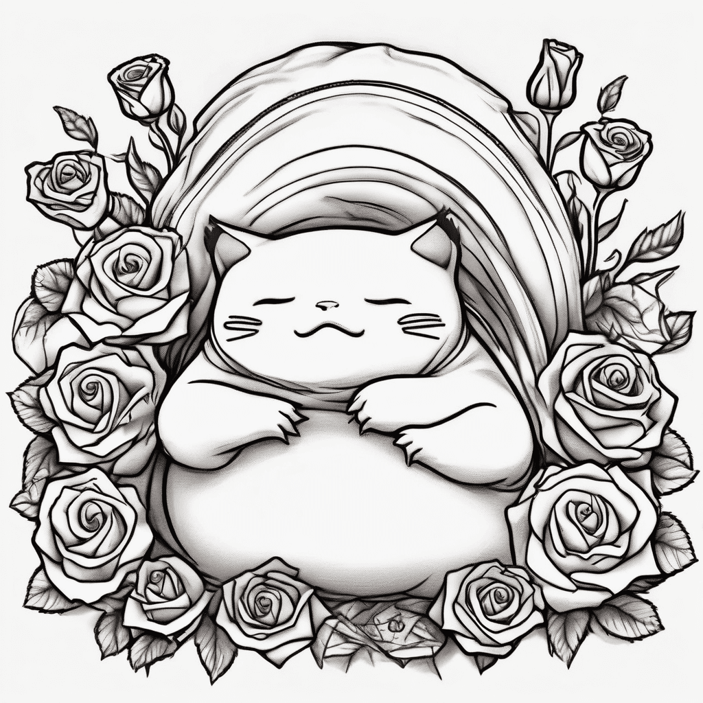 cute girl snorlax sleeping in a bed of red roses