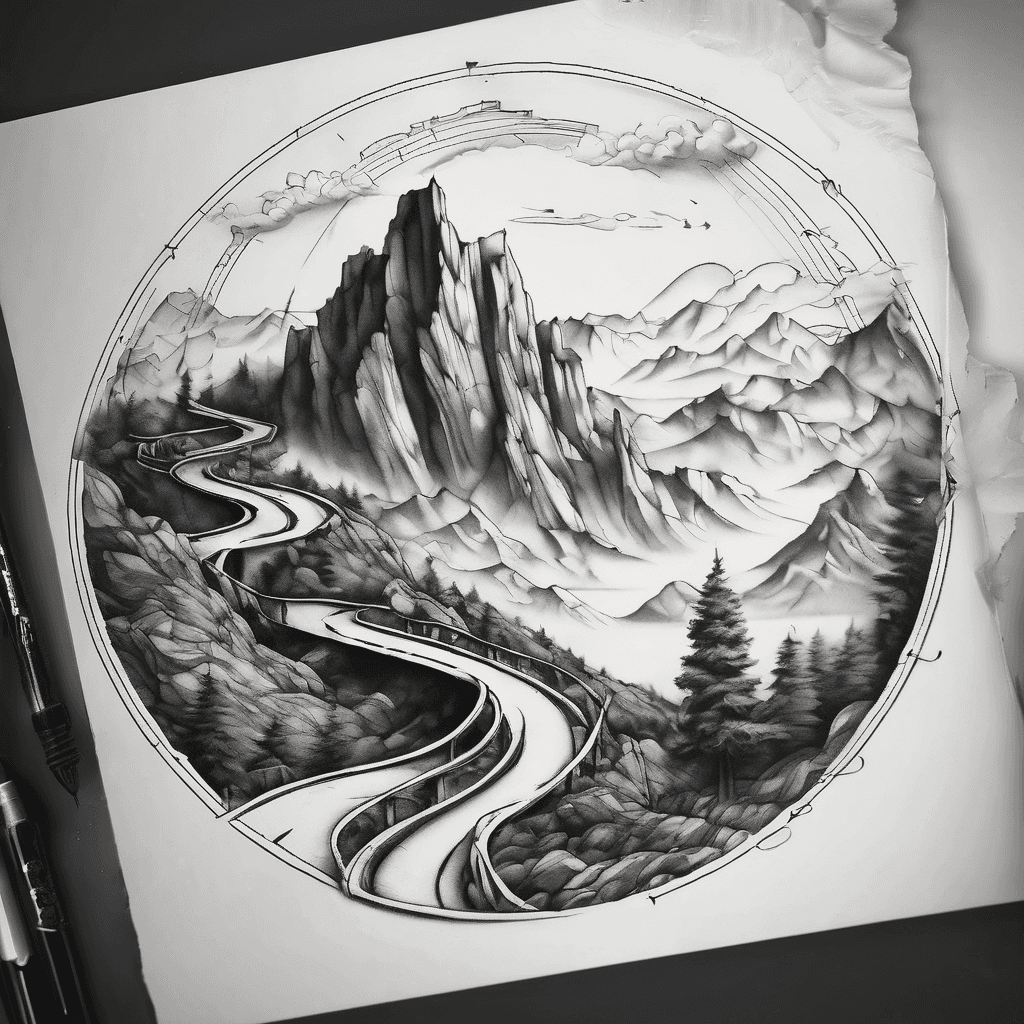 Idea for tattoo. Winding road to peak or horizon. Concept to be shown: memorize a year on the road, to the peak. Where I was able to see a world in a more broaden view. And I unblocked my other soul. Some symbols I can think off: Dancing angle. Romania architecture.