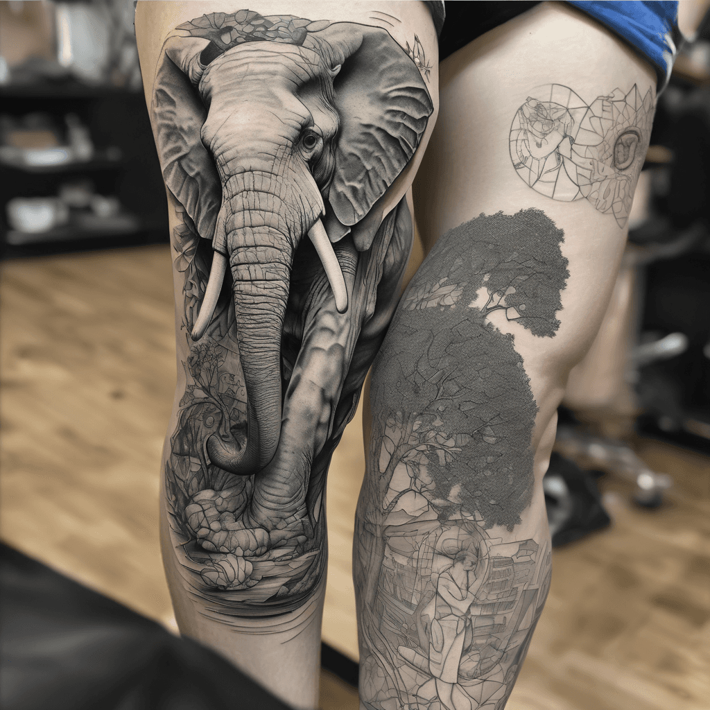 Full leg tattoo, Sexy Medusa on the top of the leg. Elephant on the inner leg. World map around the calf. Tree coming up from the back of the leg starting at the ankle