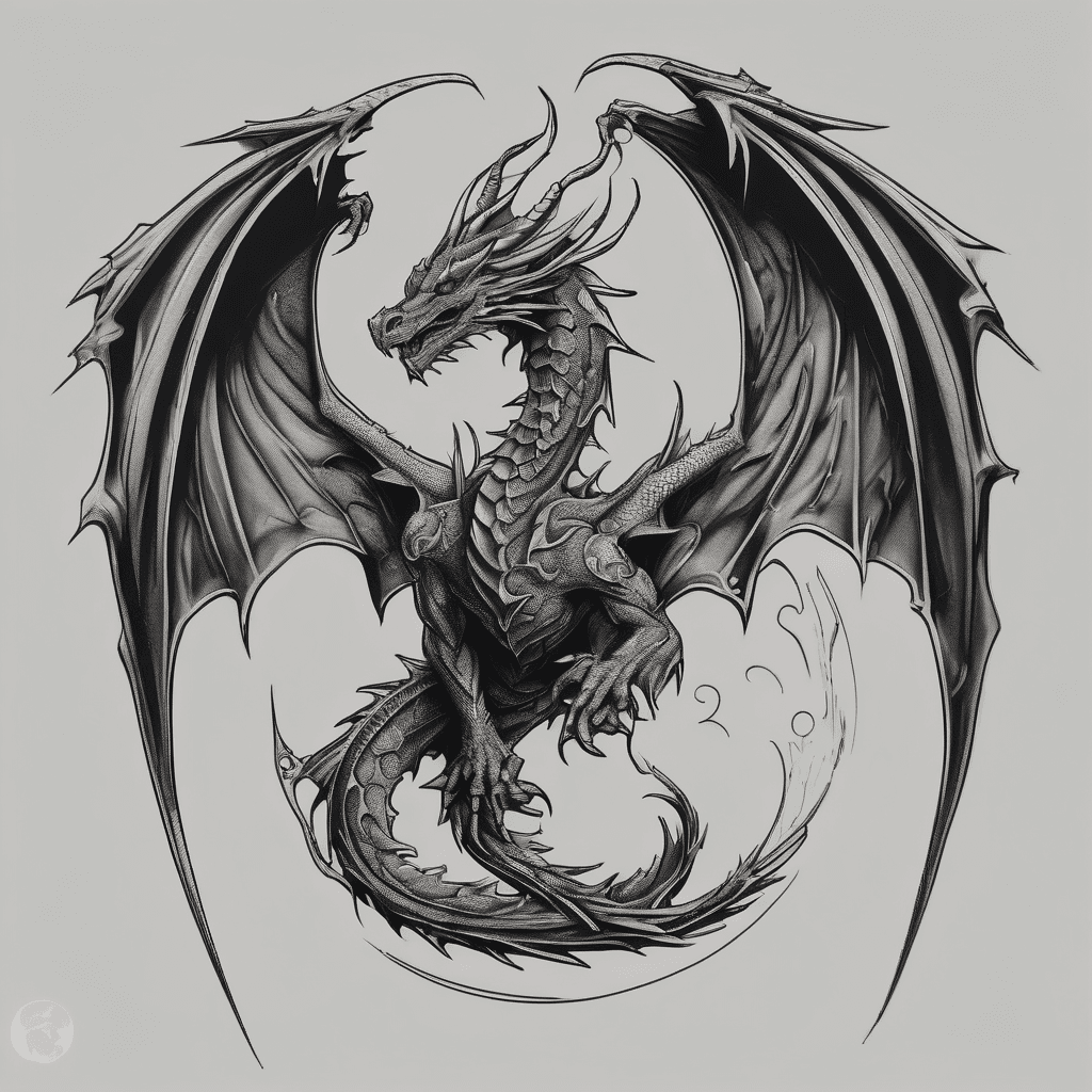 a dark fantasy black work tattoo of a vertical flying western dragon. minimal background but there can be brush strokes and a sketched out crescent moon above the dragons head minimal shading focus on bold blacks