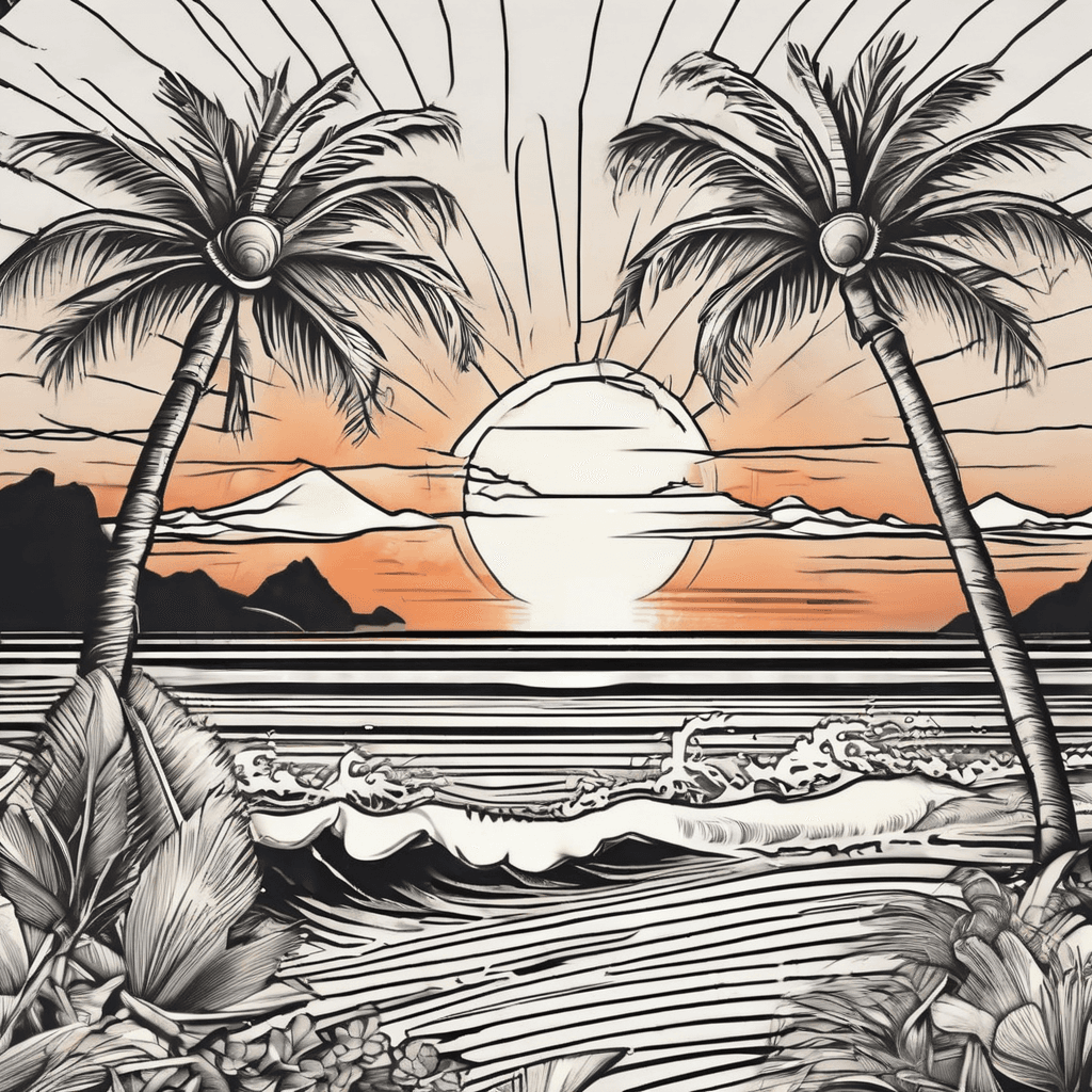Beach design with waves, sunset, tiki bar, palm trees