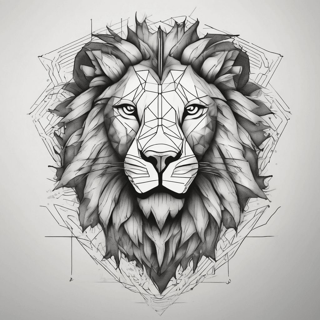 Minimalist technical tattoo design, fine line style. A powerful lion's head integrated with a geometric human heart. A stylized defibrillator waveform (EKG) morphing into electrical sparks that surround the heart. Include 16 small, subtle geometric dots or micro-sparks integrated into the mane. Cyberpunk aesthetic, clean black work, white background, high contrast, symmetrical elements.