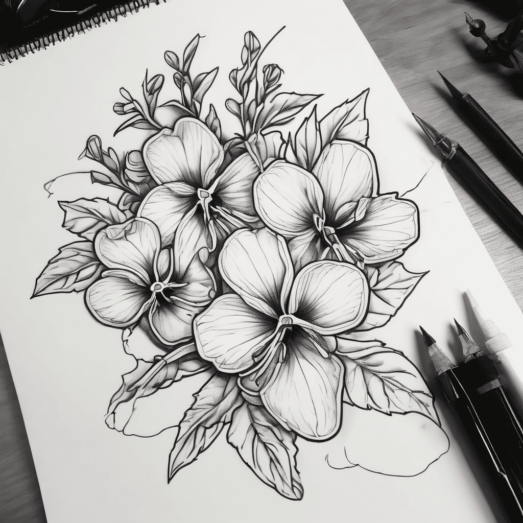 fine line minimal honeysuckles and violets horizontally