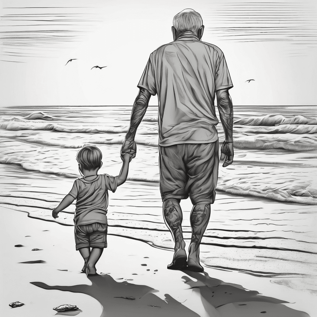 Minimalist tattoo fine line grandpa and toddler grandson on beach walking