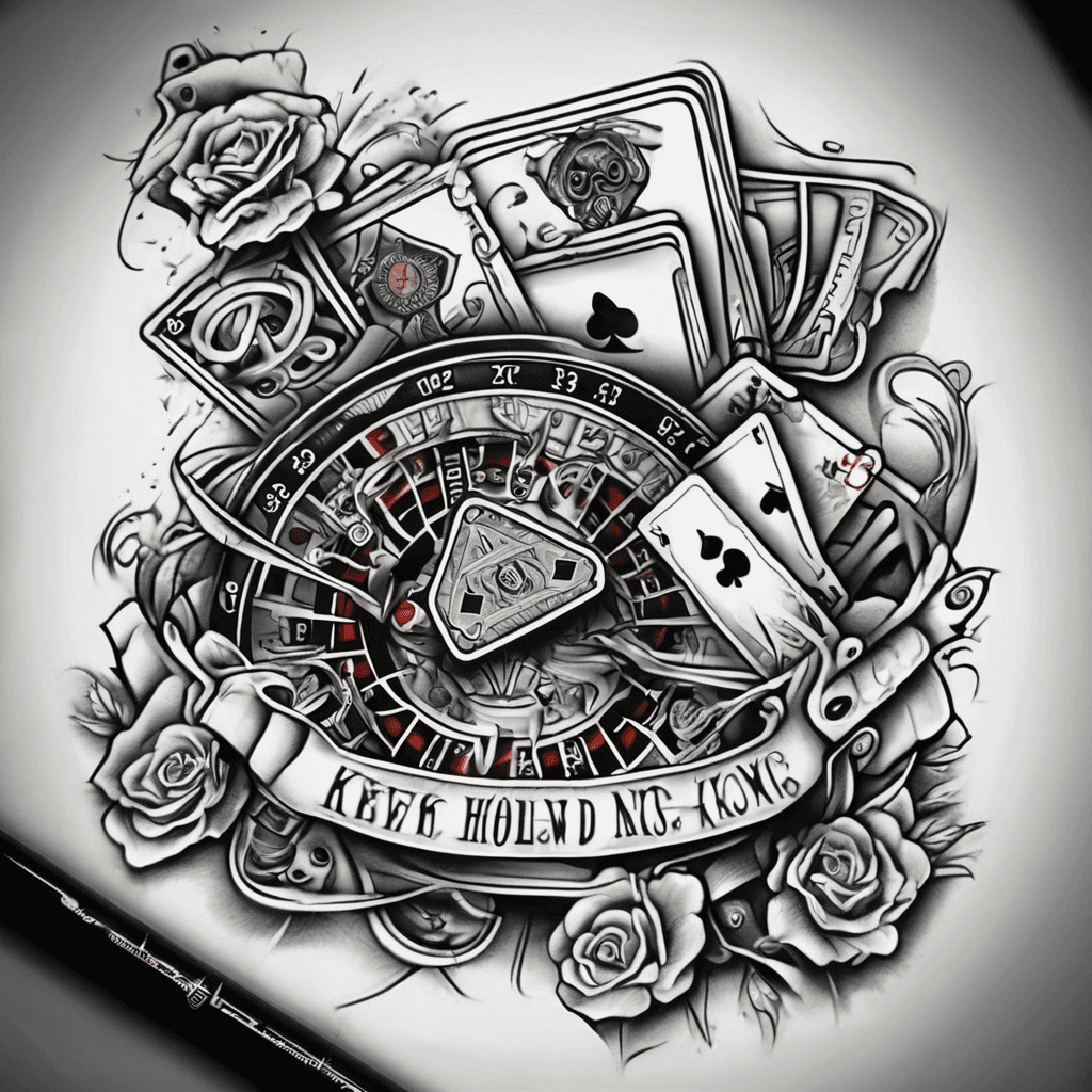 Playing cards A,K,Q and jack with words know when to hold them across the front with a ribbon and half a roulette wheel and 2 dices together black tattoo stencil