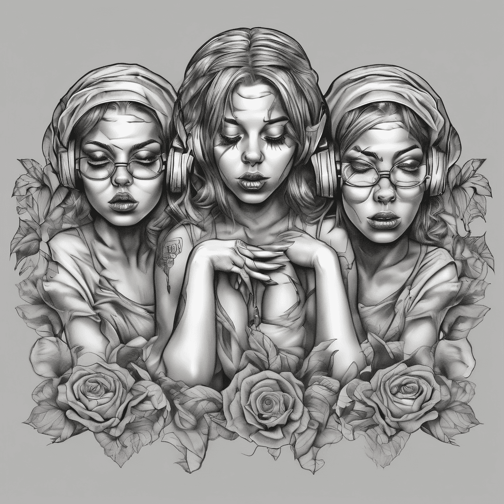 See no evil speak no evil hear no evil tattoo with girl faces with four eyes